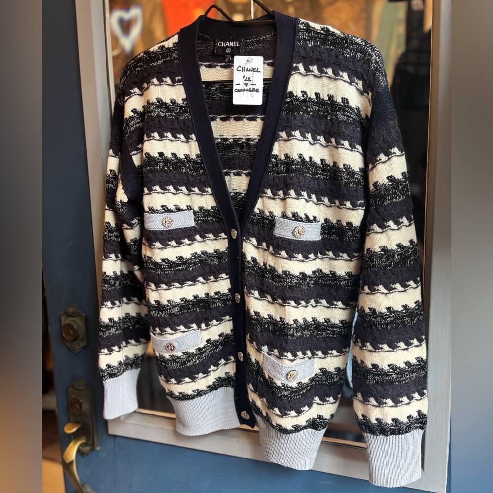 Chanel 2022 Cashmere Wool Striped Cardigan Sweater